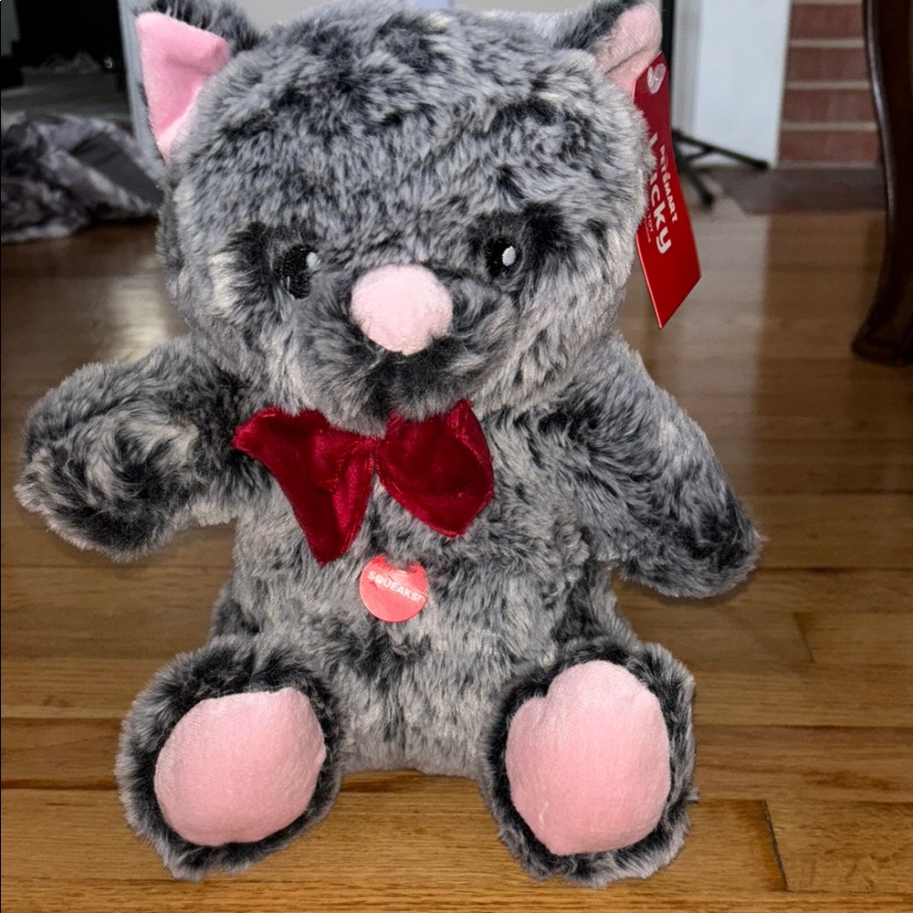 New Gray and Pink Plush Teddy Bear with Red Bow Dog Squeaky Toy